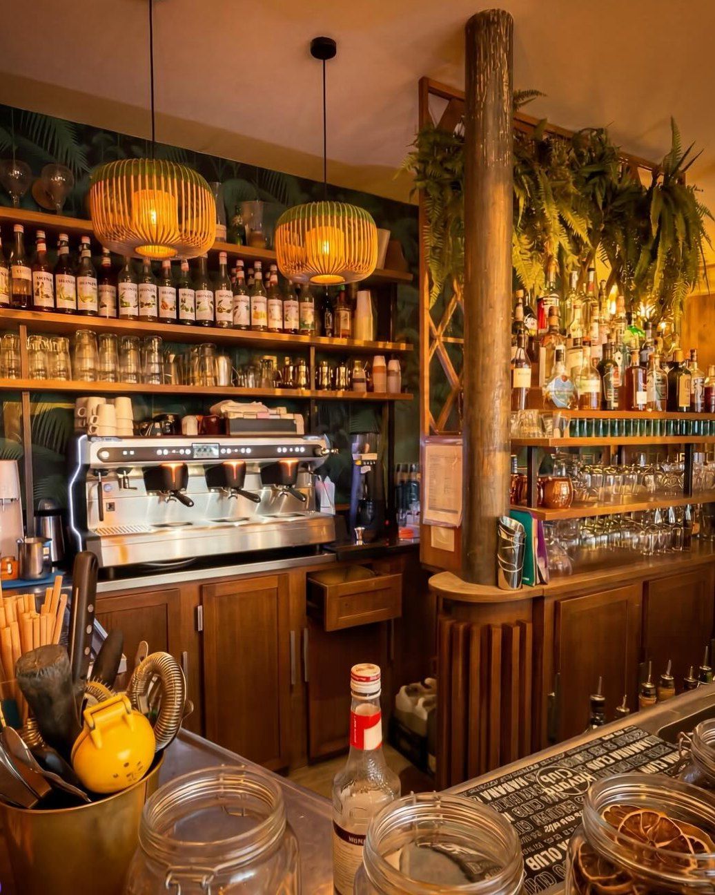 Le comptoir du Néo Café : machine à espresso, étagères de bouteilles, suspensions en rotin et plantes
