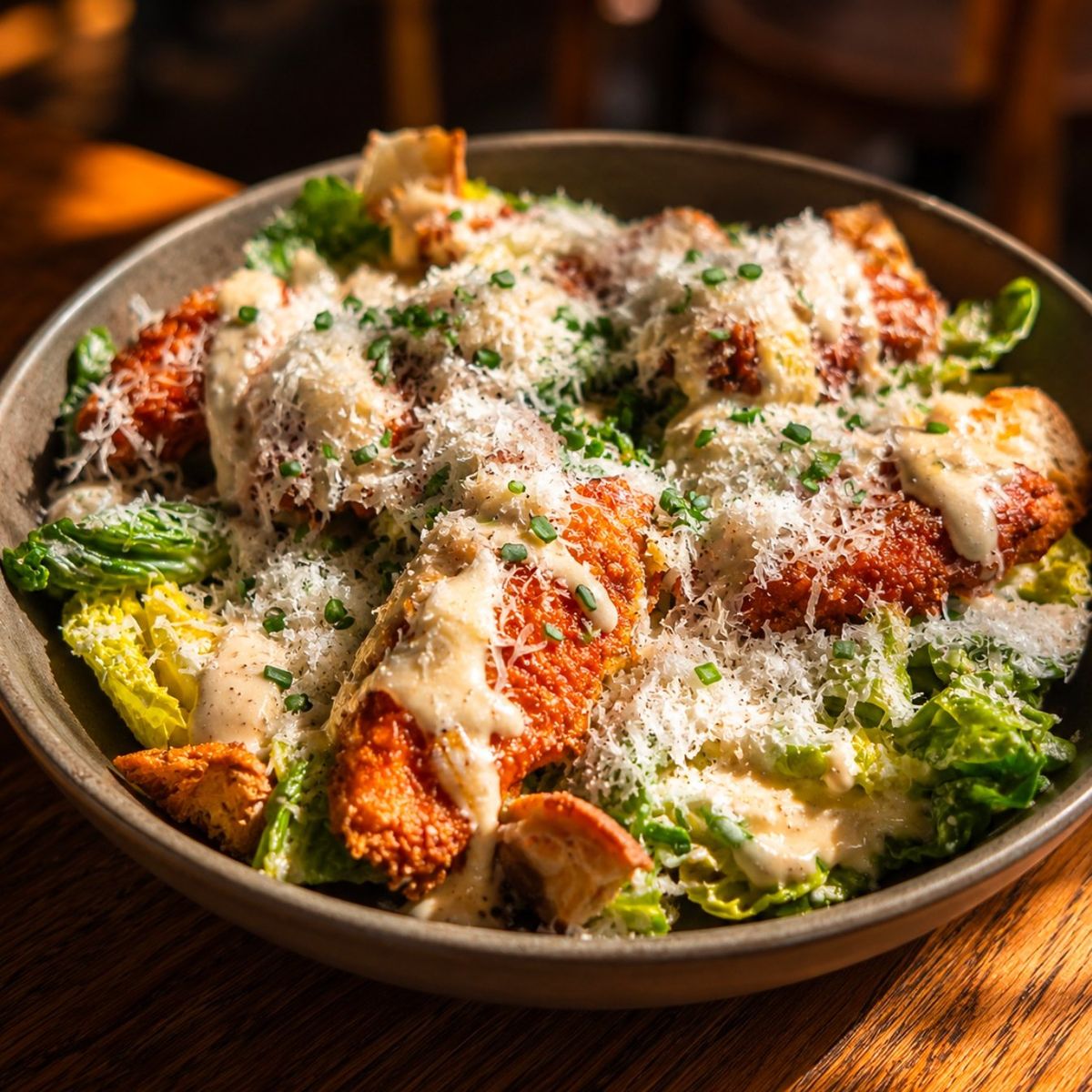 La salade César du Néo Café : poulet croustillant, parmesan râpé, sucrine et croûtons