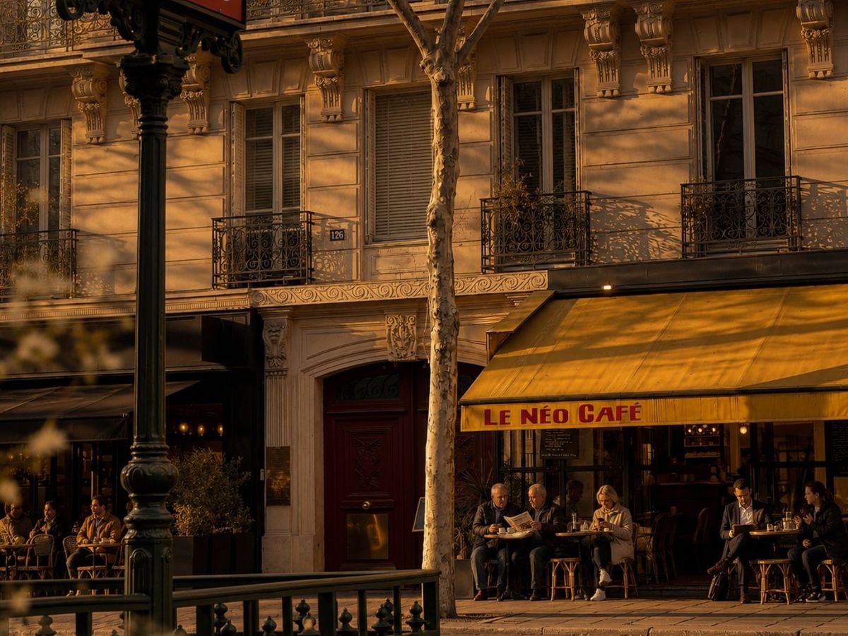 La terrasse du Néo Café sous son store jaune, au pied de l'immeuble haussmannien, face à l'entrée du métro Odéon au soleil couchant